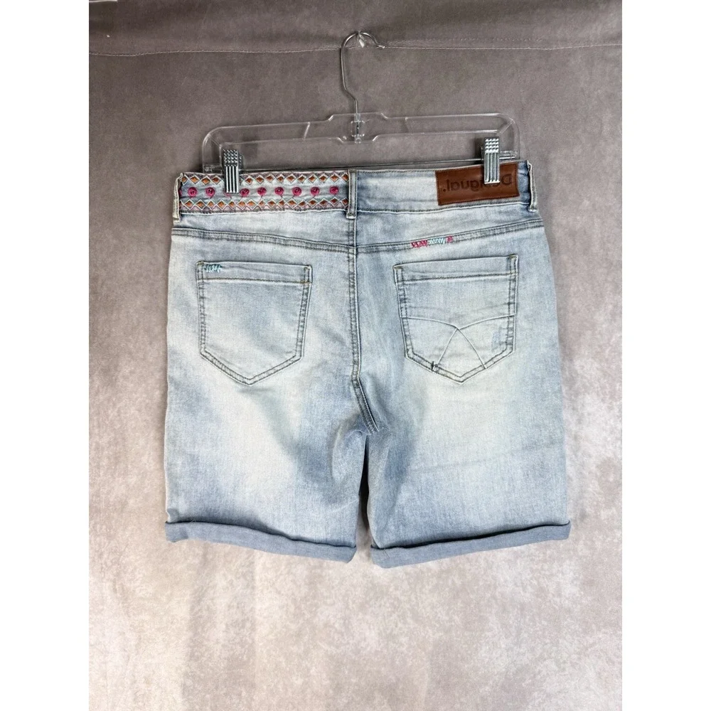 Desigual Embroidered Boho Denim Bermuda Long Shorts In Blue Size 30